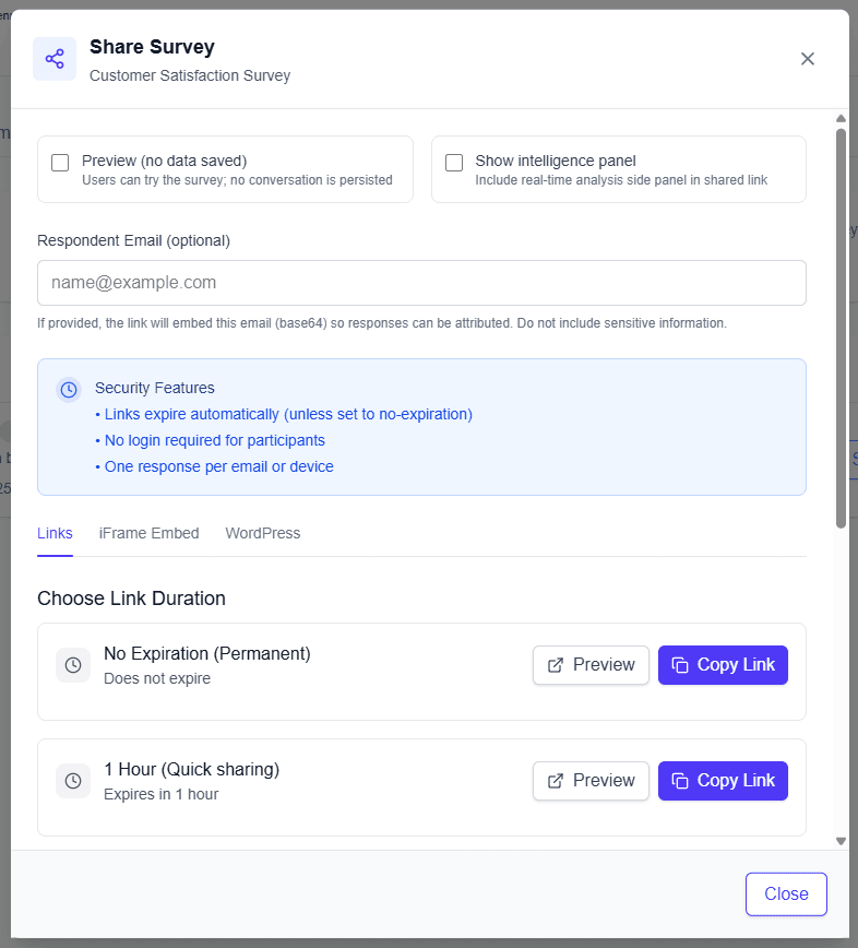 Screenshot illustrating survey sharing and embed options